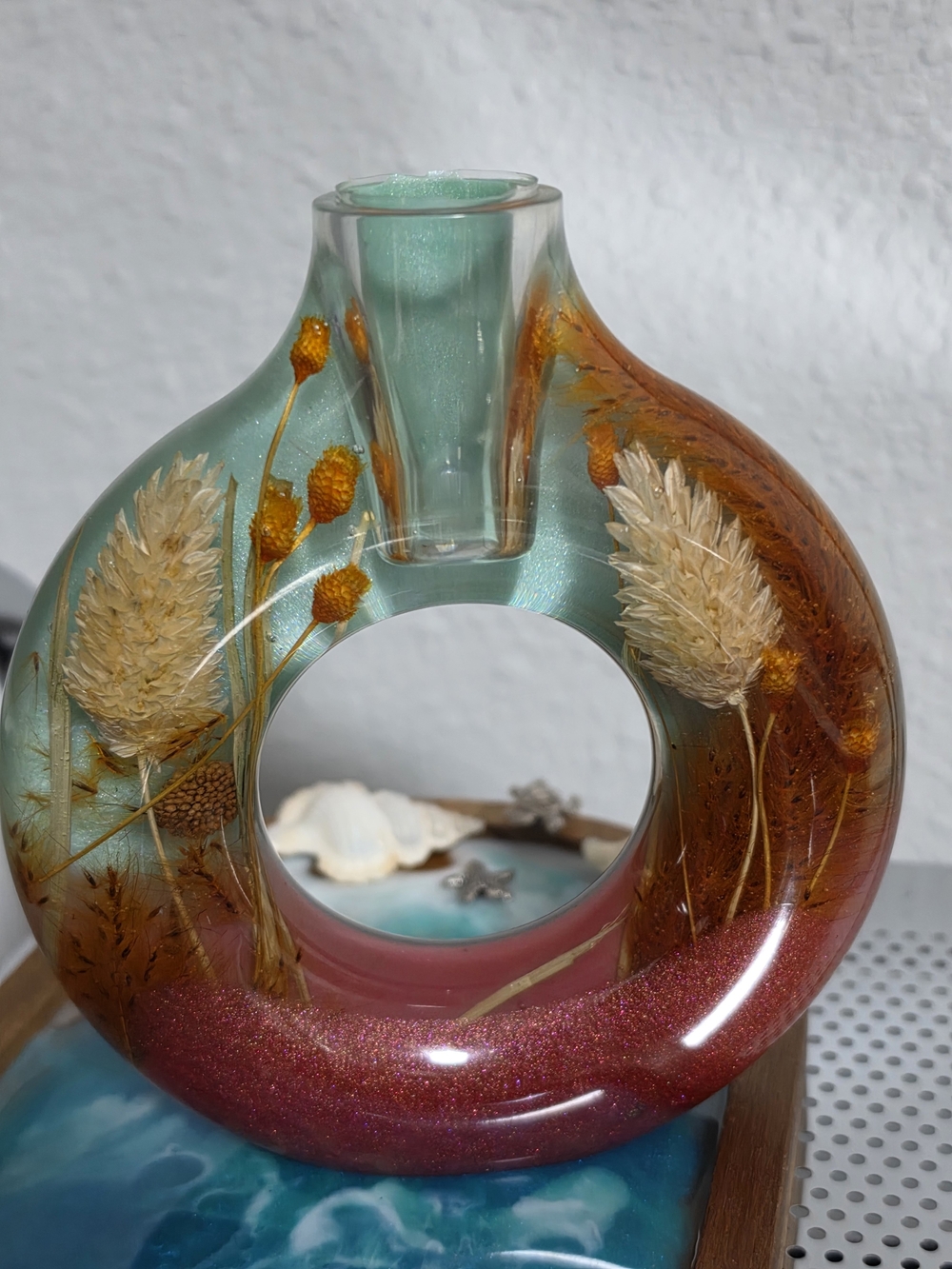 Handcrafted Pink and Green Floral Resin Vase